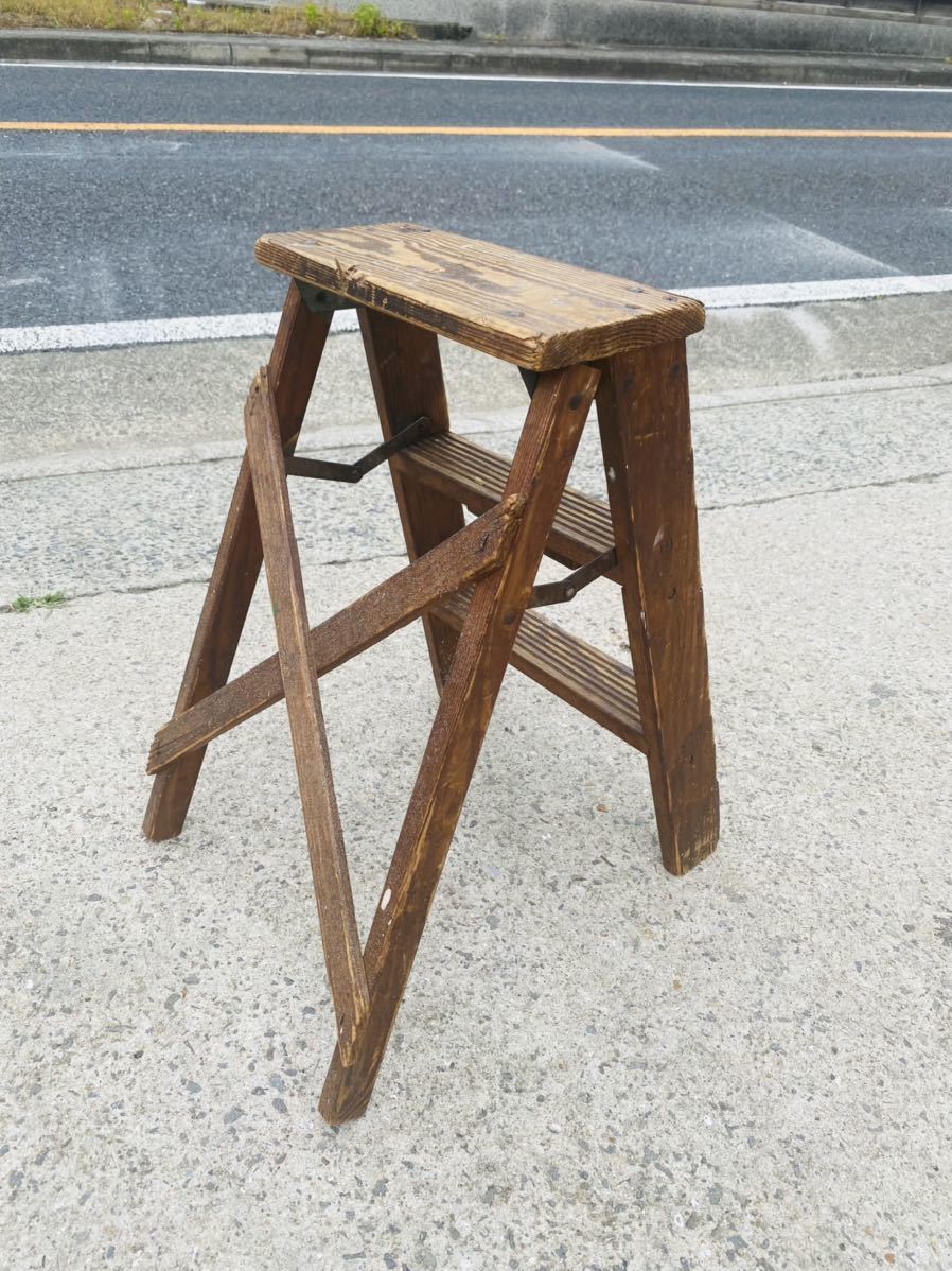  antique / wooden / stepladder / step‐ladder / folding / Showa Retro / interior / display / marks lie/ step / old tool / Vintage / in dust real 