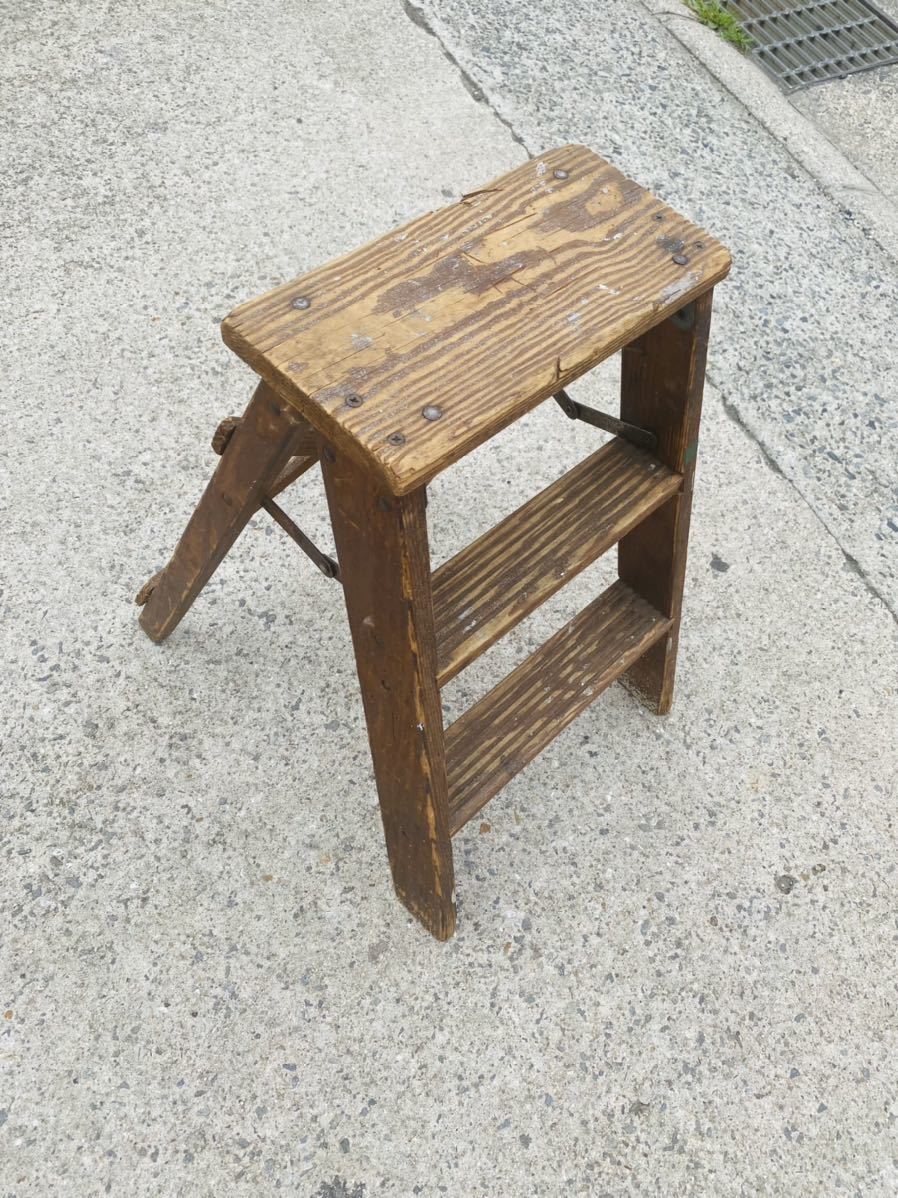  antique / wooden / stepladder / step‐ladder / folding / Showa Retro / interior / display / marks lie/ step / old tool / Vintage / in dust real 