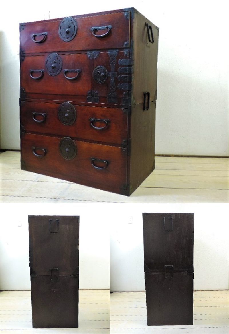 海外並行輸入正規品 古家具 前栗 欅無垢 米沢箪笥 蝶金具 時代箪笥