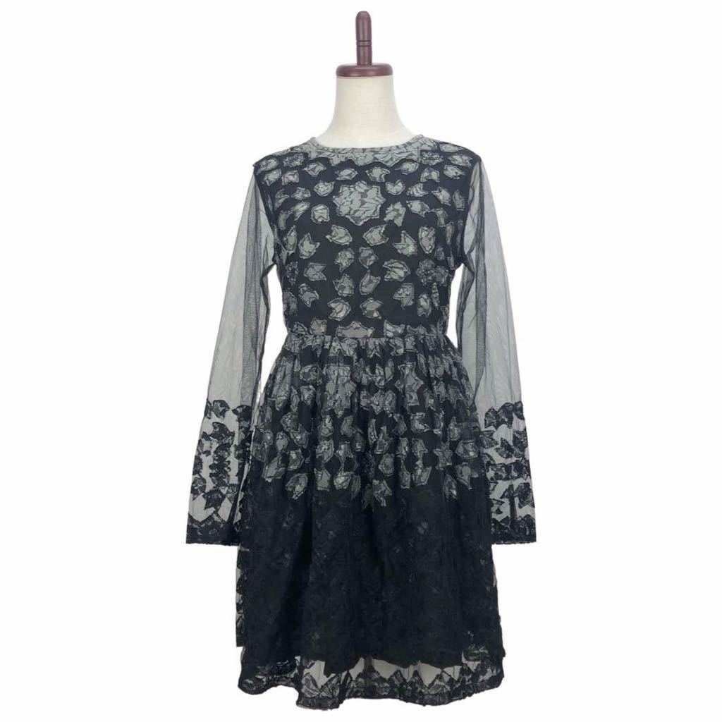  beautiful goods PAOLA FRANI Paola Frani lady's black total pattern sleeve sheath -ru long sleeve One-piece dress 40 inscription 