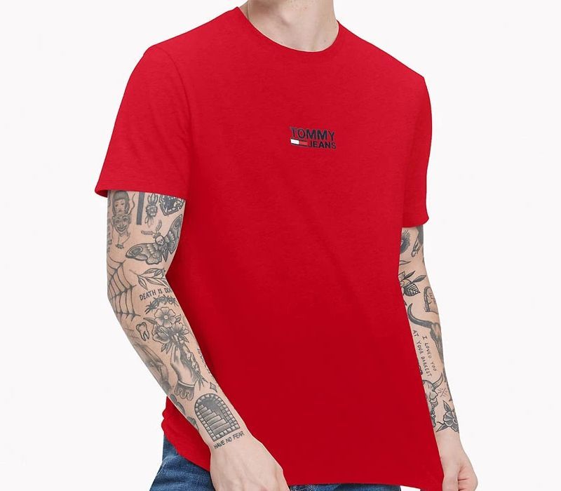 XL 【USA正規品】 トミージーンズ  JEANS ベーシック 半袖 Tシャツ ワンポイント 刺繍ロゴ 赤 アメリカンカジュアル 綿100%