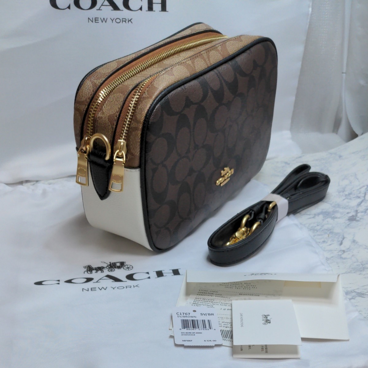 コーチ　COACH ショルダーバッグ　人気ブロックカラー　シグネイチャーブラウン／ホワイト　新品未使用 レディースショルダーバッグ