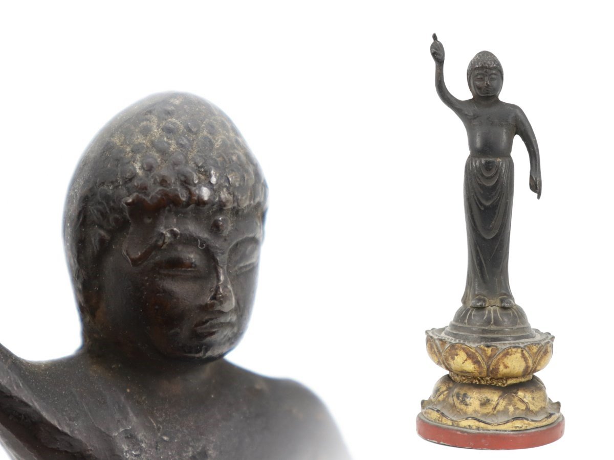蔵】仏教美術 古銅 誕生仏 誕生釈迦仏 木製台座 銅製 時代 仏像 佛像