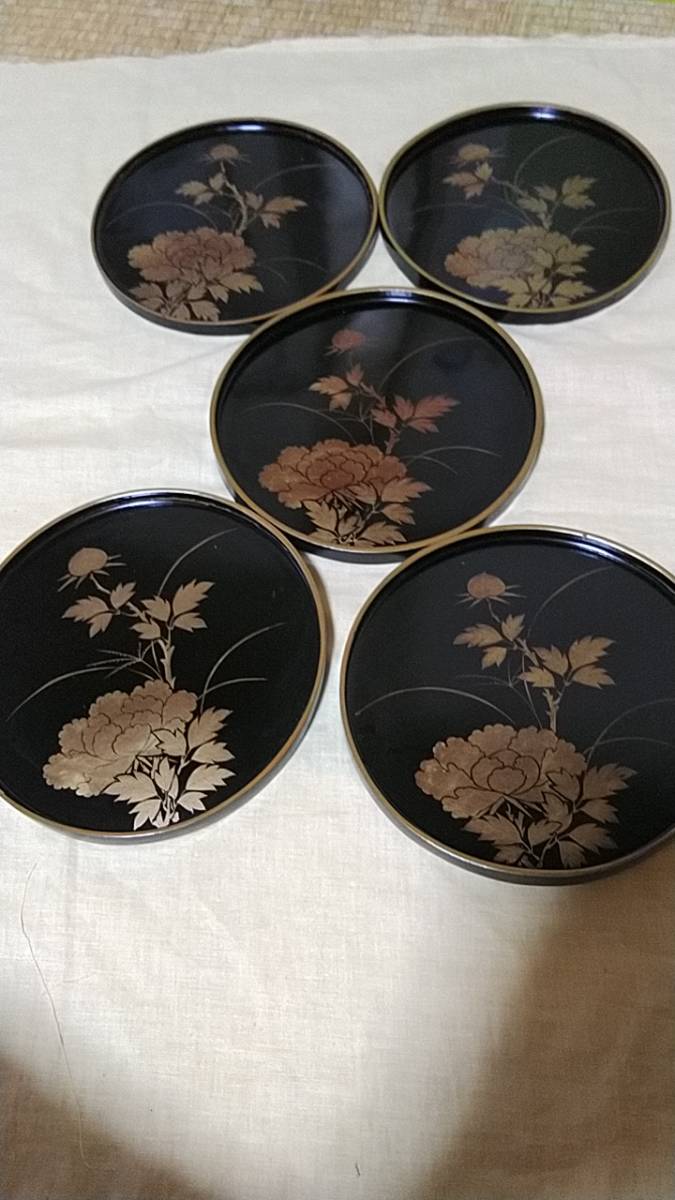 18世紀中頃 宝暦13年 牡丹金蒔絵皿 お盆 5枚 直径8cm位