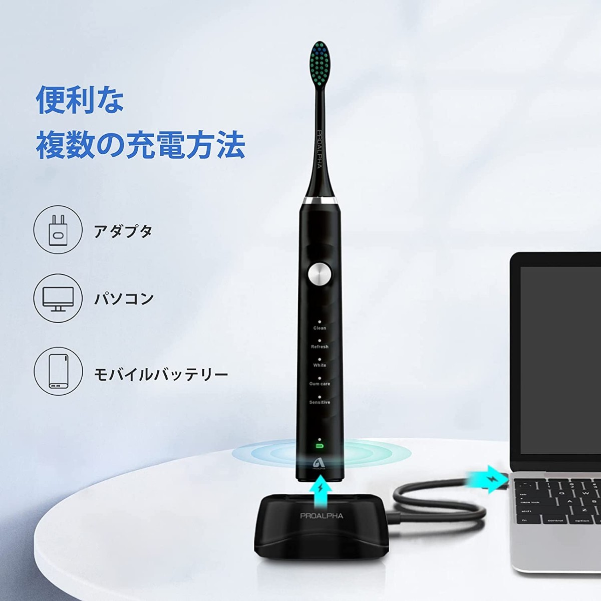 電動歯ブラシ 音波歯ブラシ ソニック USB充電式 IPX７防水 替えブラシ5本 5つのモード 