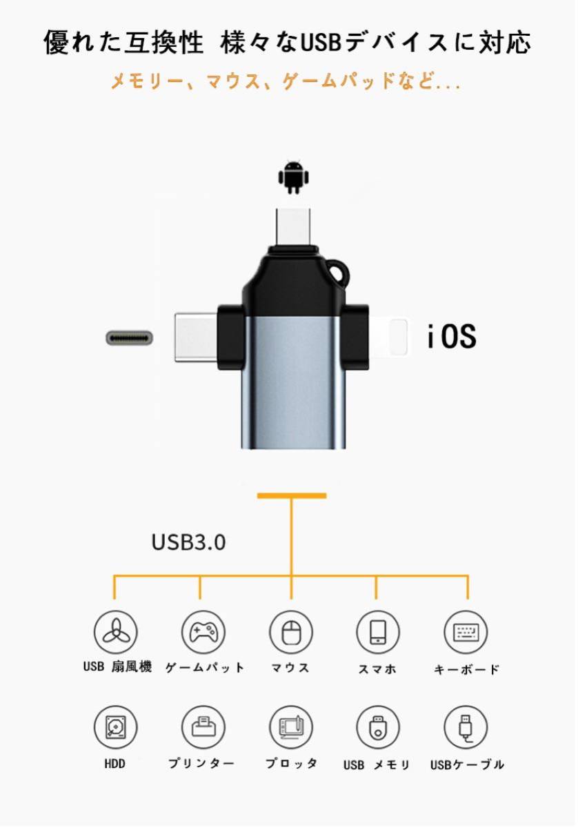 OTG変換アダプタ 3 IN 1 5Gbps高速データ転送 USB-A 3.0