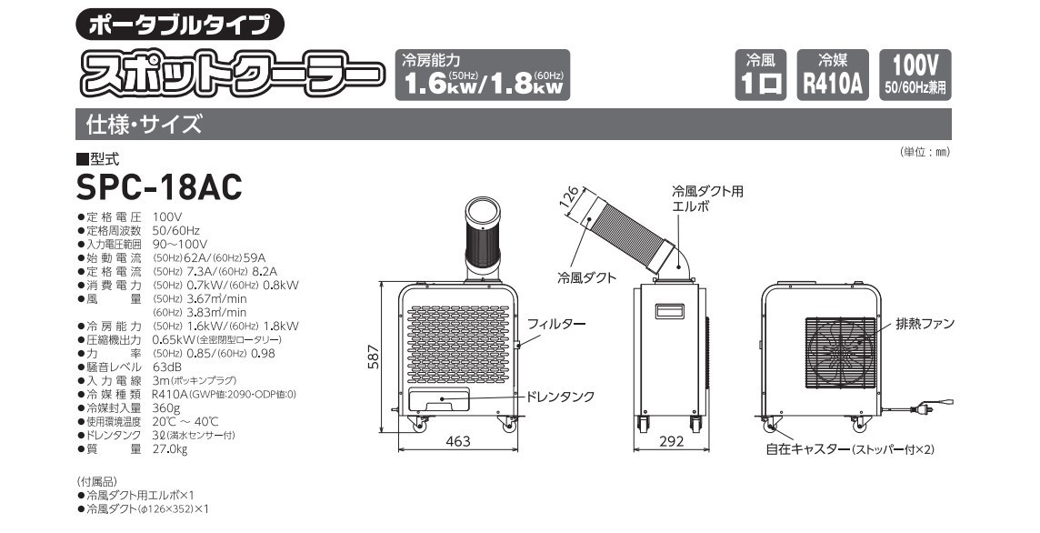 スポットクーラー 日動工業 SPC-18AC 設置工事不要 100V スポットクーラー 日動工業 SPC-18AC 設置工事不要 100V