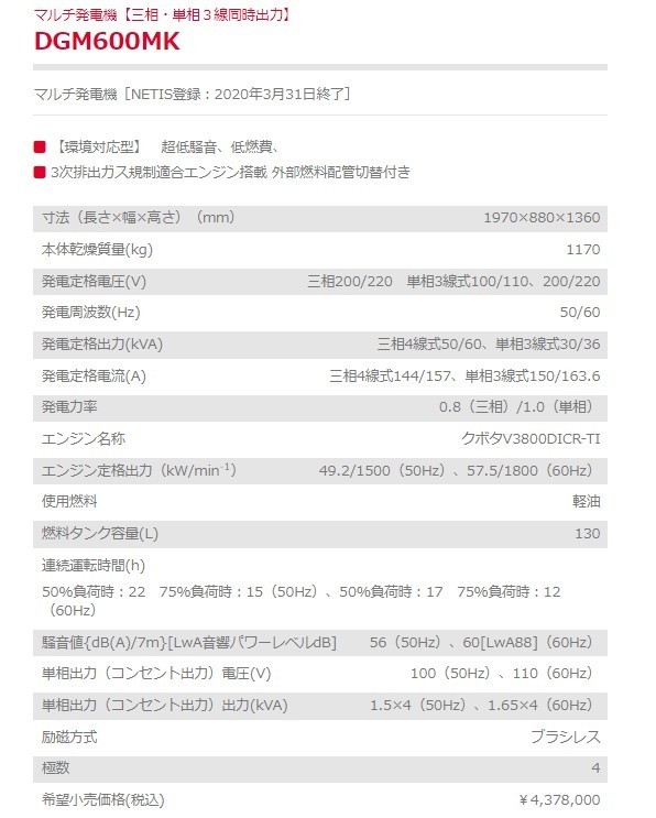 発電機 DGM600MK 新ダイワ マルチ発電機 三相・単相３線同時出力_画像2