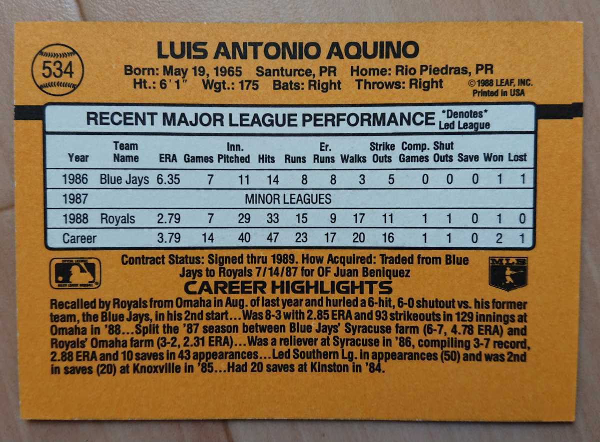 ★来日外国人 アキーノ 近鉄 バファローズ LUIS AQUINO DONRUSS 1989 #534 メジャーリーグ MLB 大リーグ KANSAS CITY ROYALS ロイヤルズ_画像2