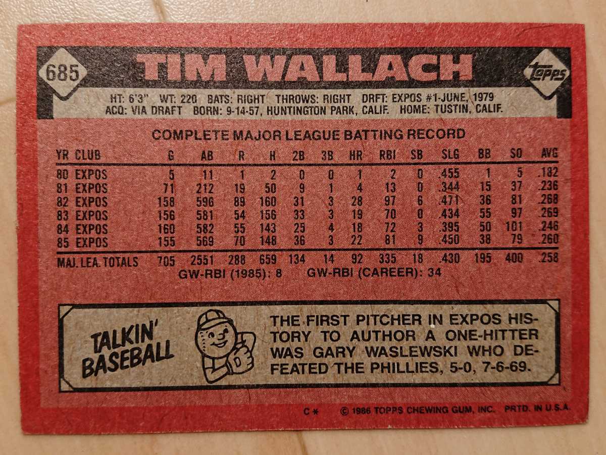 ★TIM WALLACH TOPPS 1986 #685 MLB メジャーリーグ 大リーグ ティム ウォーラック MONTREAL EXPOS モントリオール エクスポズ_画像2