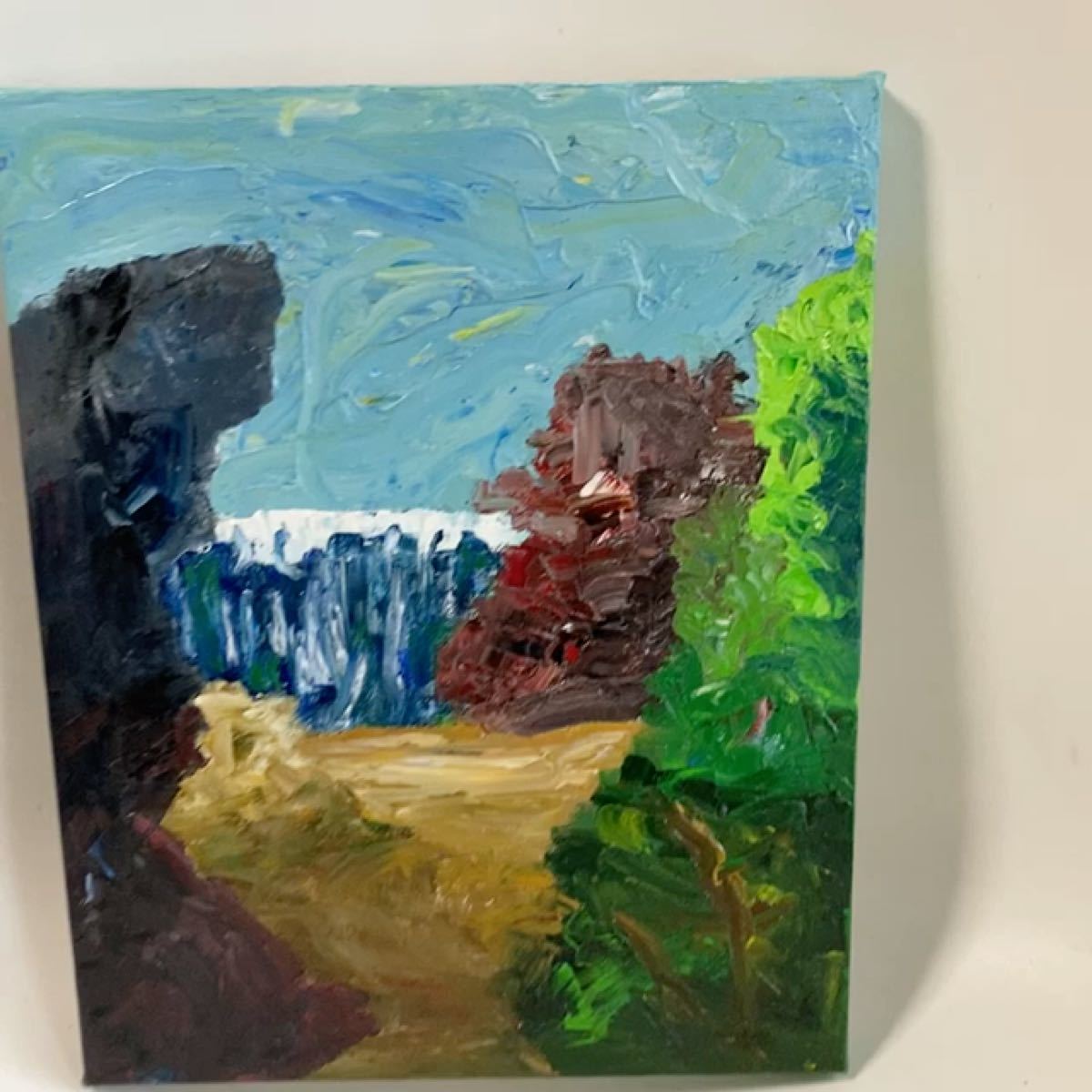 手描き 油彩画 風景 滝