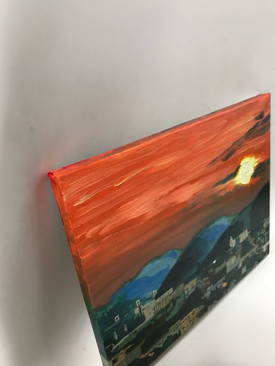 手描き 油彩画 夕陽