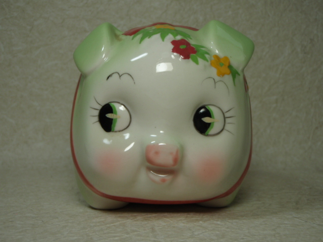 7a670-3 小豚の貯金箱 陶器製 ブタさん レッドリボン カワイイ 未使用品_画像5