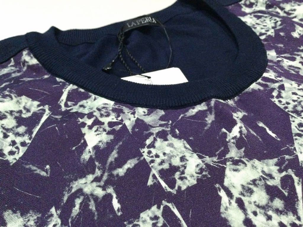 即決 新品「LA PERLA」モザイク柄切替デザイン 最高級シルク 半袖Tシャツ Navy SIZE:L イタリア製_画像3