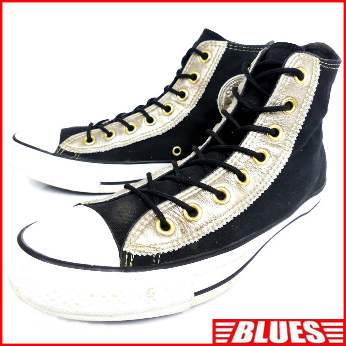 即決★CONVERSE★25.5cm レザーコンビハイカットスニーカー コンバース メンズ 7 黒 ブラック 本皮 8ホールシューズ 本革 オールスター