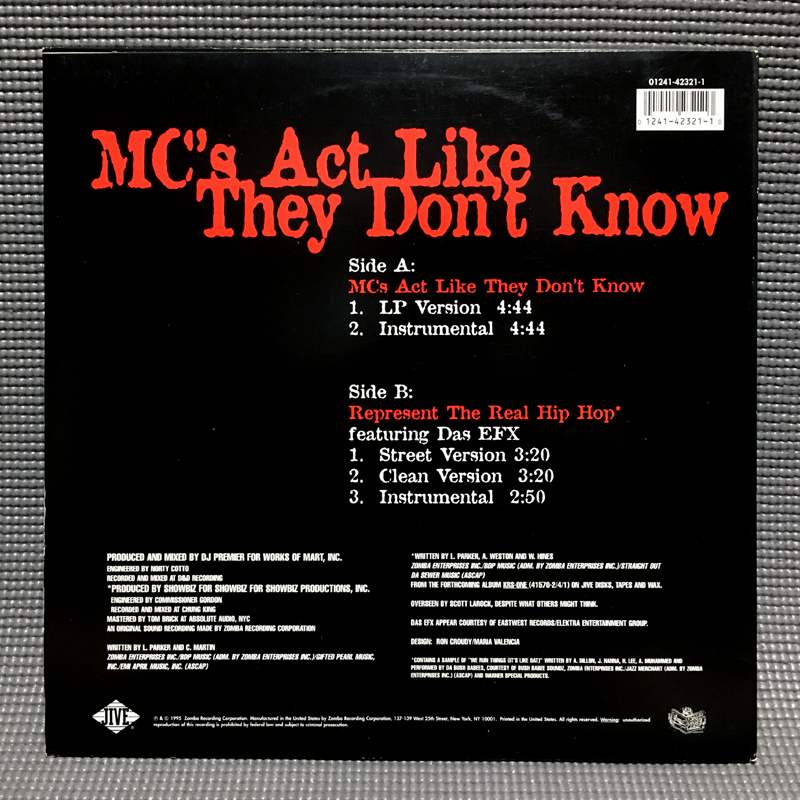 KRS ONE - MC's Act Like They Don't Know 【US ORIGINAL 12inch】 DJ Premier Showbiz Das EFX / Jive - 01241-42321-1_画像2