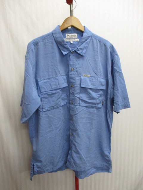 コロンビア　レーヨンシャツ　メンズL　半袖シャツ　ブルーシャツ　アウトドアシャツ　キャンプシャツ　アウトドアウエア　X07081