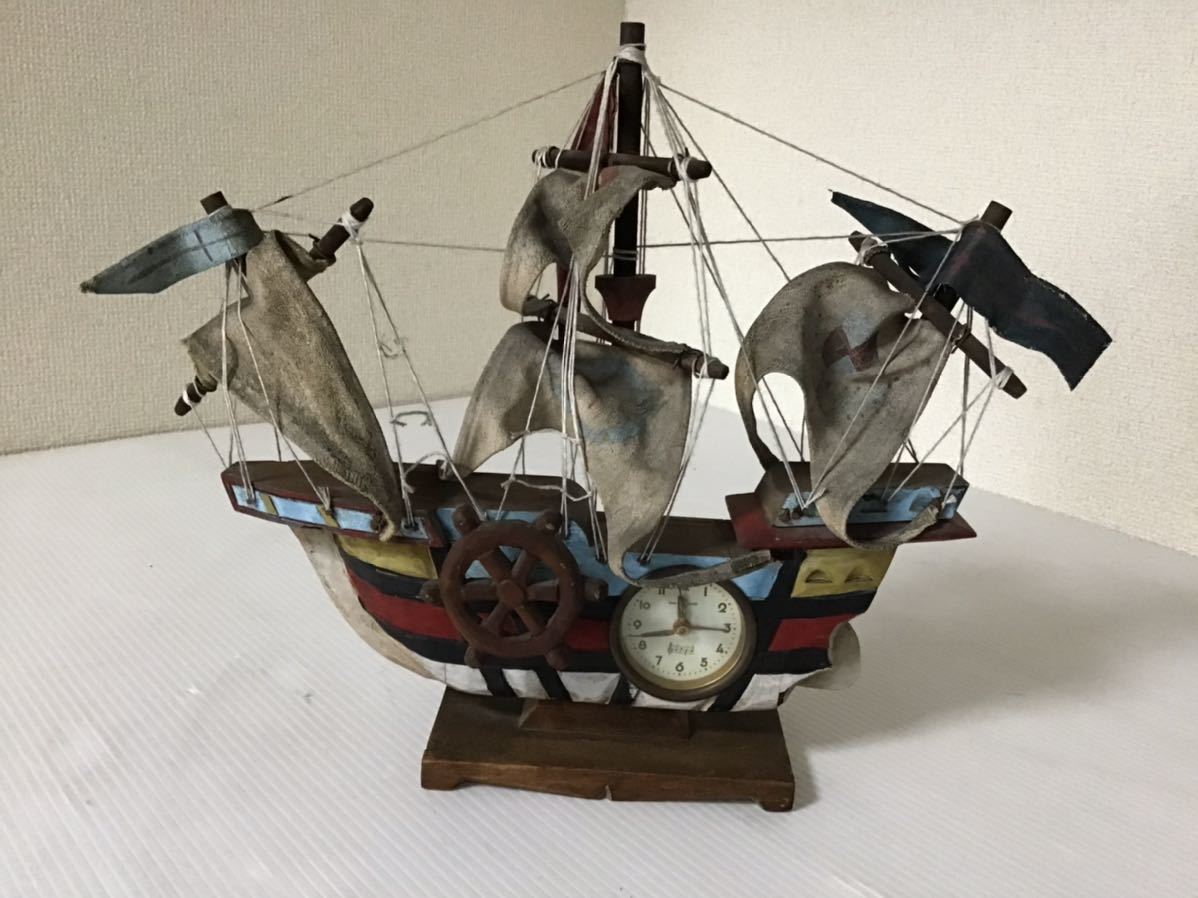 置時計　木製　帆船　オルゴール付　インテリア　アンティーク風　ヨット　ボート　コレクション　舵輪のゼンマイ_画像1