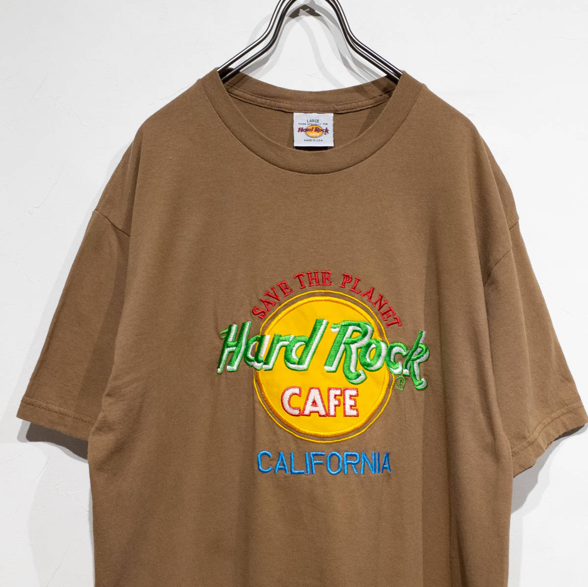 USA製 ハードロックカフェ HARD ROCK CAFE カリフォルニア アースカラー 刺繍 Tシャツ ワンピース 茶 モカ 西海岸 サーファー レディースL