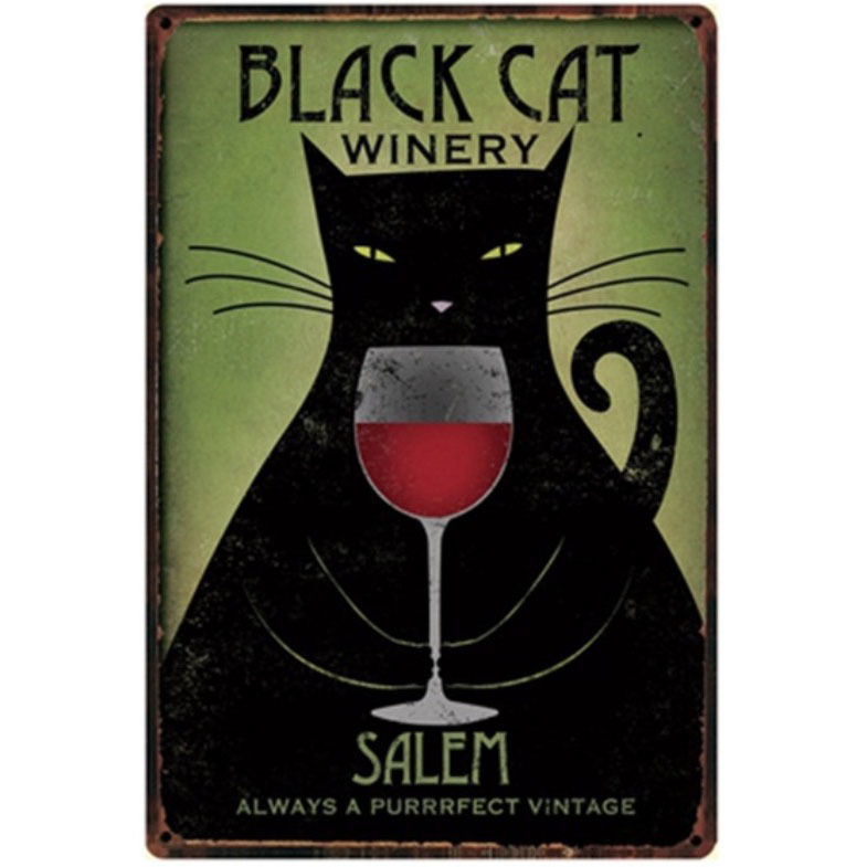 A1836　メタル　サイン　ブリキ　看板　金属 製　プレート　レトロ　パネル　店　カフェ　バー　酒　動物　ペット　黒　猫　ワイン【2288】_こちらのデザインを1枚お届けします ↑