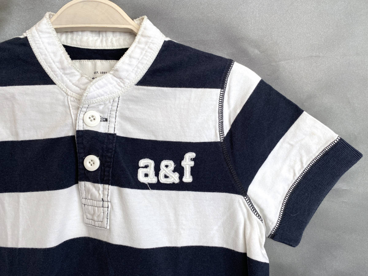 abercrombie Abercrombie & Fitch Henry футболка Kids XL boys окантовка белый темно-синий кнопка . Logo печать Logo нашивка A&F морской короткий рукав мягкость .B49