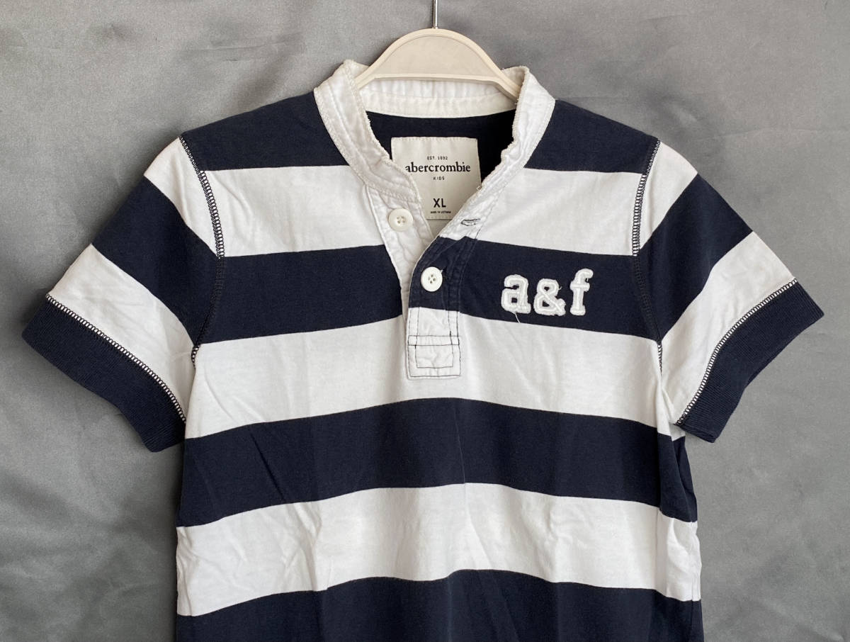 abercrombie Abercrombie & Fitch Henry футболка Kids XL boys окантовка белый темно-синий кнопка . Logo печать Logo нашивка A&F морской короткий рукав мягкость .B49