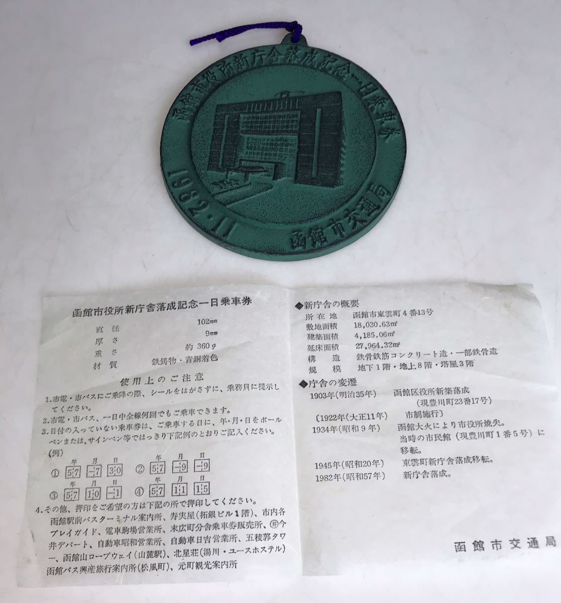 希少　函館市交通局　1983年　函館市役所新庁舎落成　記念１日乗車券