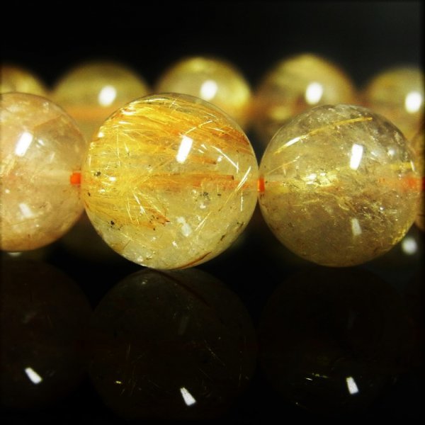 金銭を呼び込む 天然石 金針水晶 ゴールド タイチンルチル 14ミリ 数珠