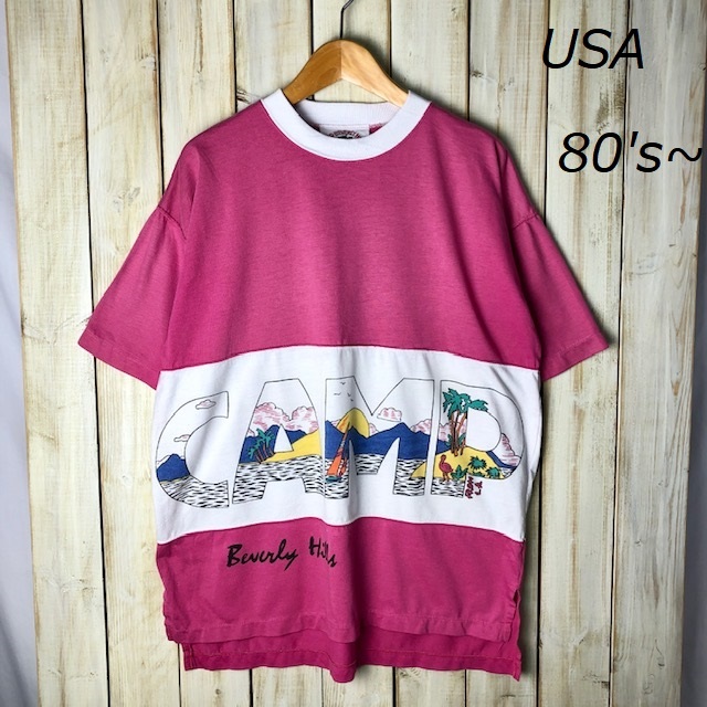 T●256 USA古着 80s 切り替え カットソー Tシャツ L～ オールド ヴィンテージ アメリカ古着 ピンク_画像1