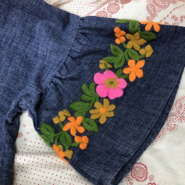 USA古着 60s 花柄刺繍入り インディゴ染ワンピース M程度 ひざ丈 オールド ヴィンテージ アメリカ古着 春夏 ★108