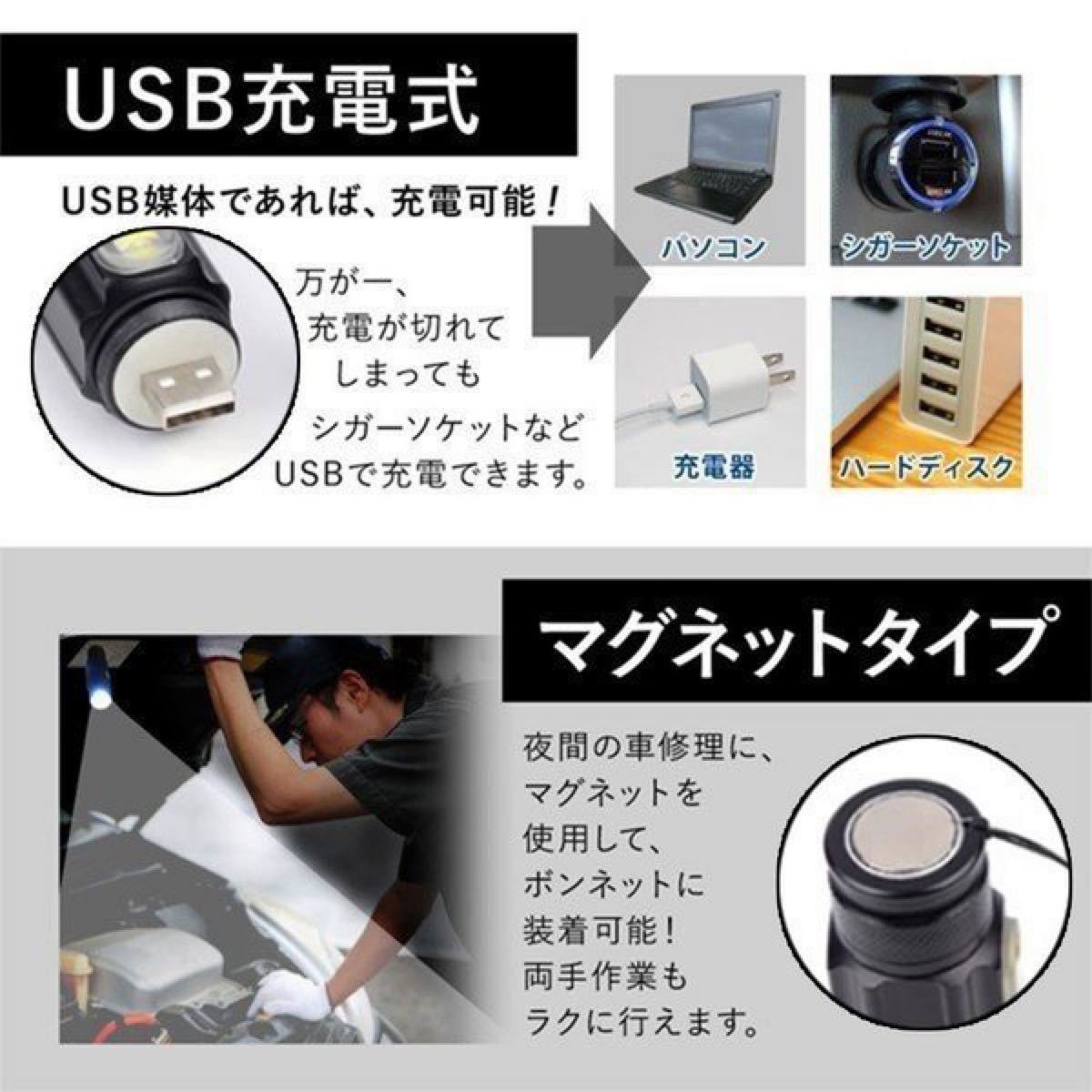 ハンディライト LED USB充電 ズーム付き 超強光 作業灯 マグネット