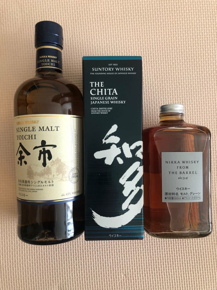 国産3本セット：NIKKA 余市700ml×1本；ニッカ　フロムザバレル500ml×1本。サントリー知多350ml×1本。