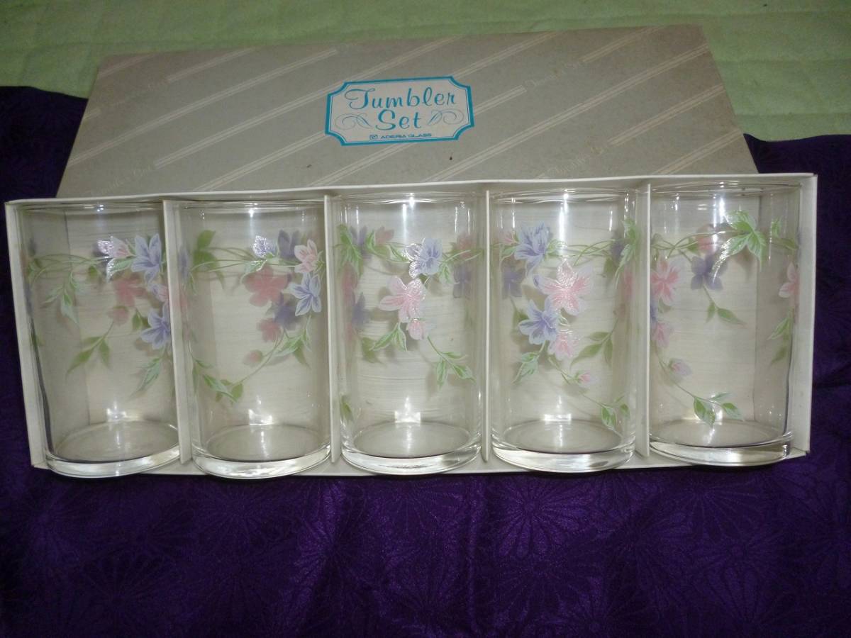  unused goods ate rear tumbler 5 piece set S-9330 pretty floral print Showa Retro manufacture origin stone . glass 