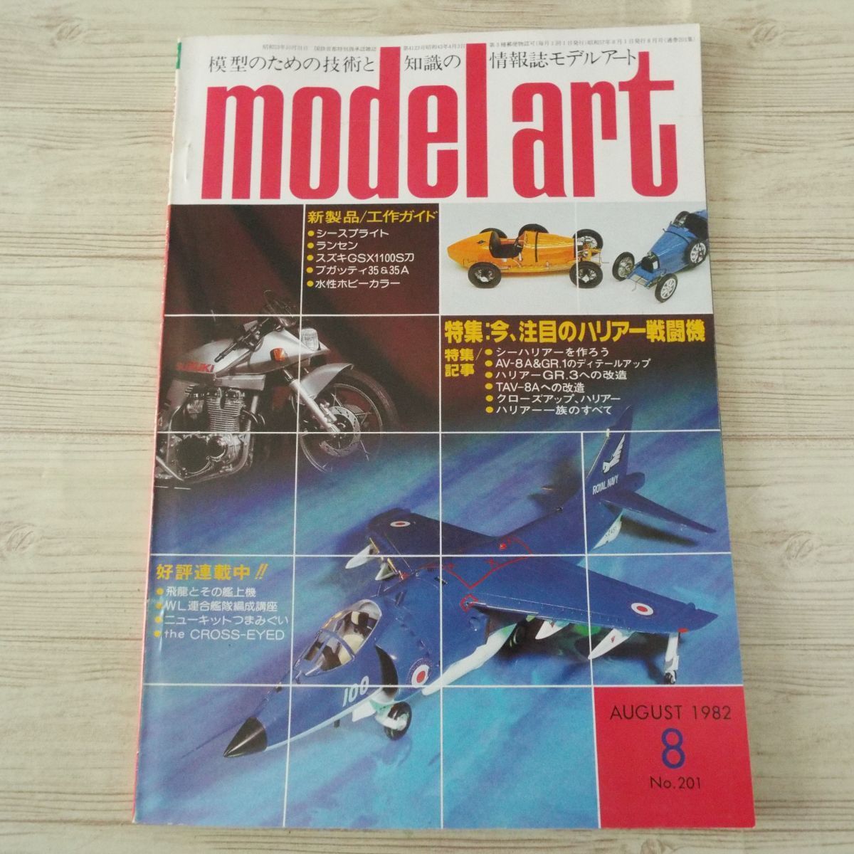 模型雑誌[モデルアート 1982年8月号] スケールモデル ハリアー戦闘機 25mm連装機銃（四面図） ロッキード10Bエレクトラ_画像1