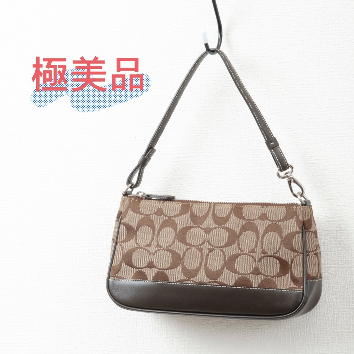 【極美品】COACH(コーチ)シグネチャー アクセサリーポーチ ブラウン 6094 ショルダーバッグ ハンドバッグ 茶色 ブランド