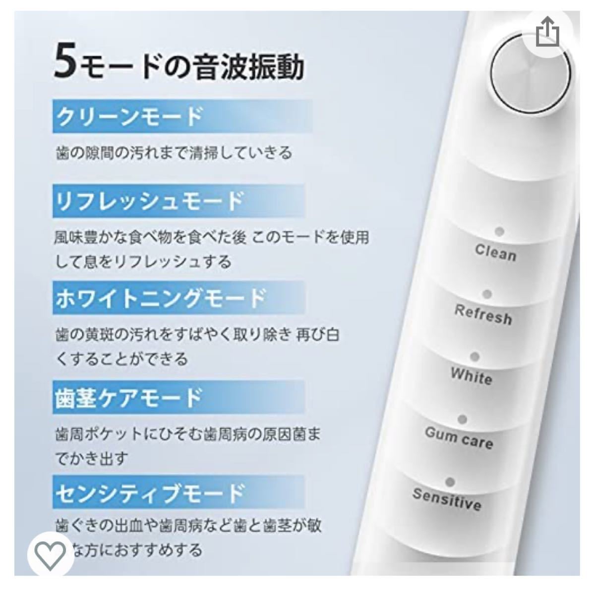 電動歯ブラシ 音波歯ブラシ ソニック USB充電式 IPX７防水 5本替えブラシ 5つのモード