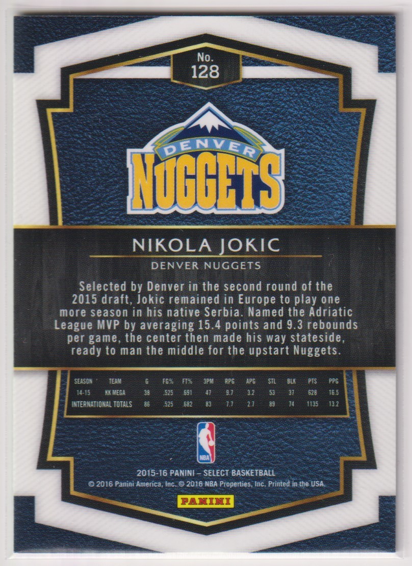 NBA NIKOLA JOKIC 2015-16 PANINI SELECT BASKETBALL ROOKIE CARD No. 128 NUGGETS ニコラ・ヨキッチ ルーキーカード_画像2