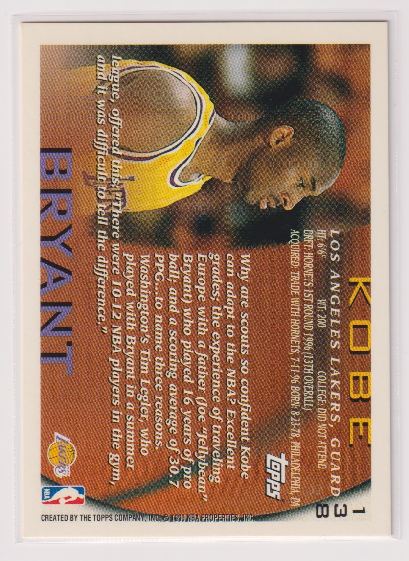 NBA KOBE BRYANT 1996-97 Topps No. 138 ROOKIE CARD BASKETBALL LOS ANGELES LAKERS コビー ブライアント レイカーズ ルーキーカード_画像4