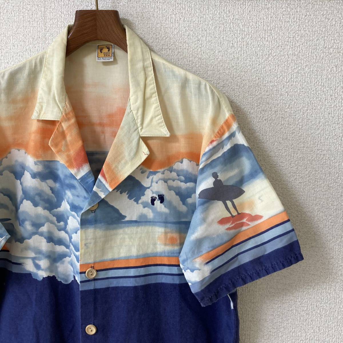 70s◆HANG TEN ハンテン◆オープンカラー アロハシャツ 風景 L ネイビー ブルー オレンジ 70年代 サーフ サーフィン ヴィンテージ オールド