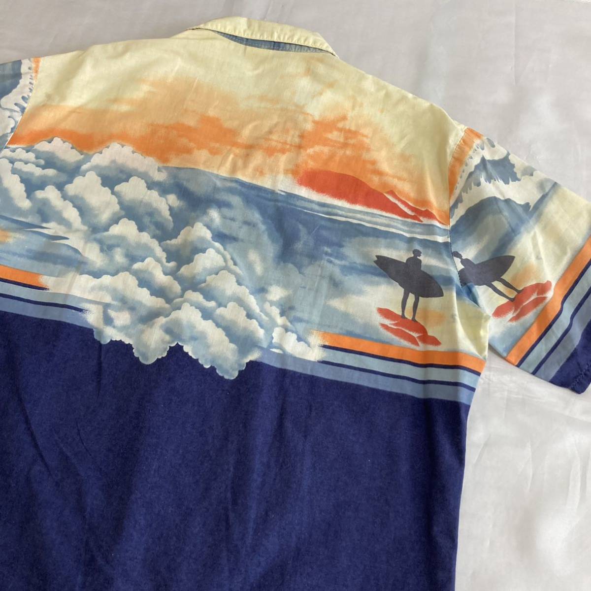 Paypayフリマ 70s Hang Ten ハンテン オープンカラー アロハシャツ 風景 L ネイビー ブルー オレンジ 70年代 サーフ サーフィン ヴィンテージ オールド