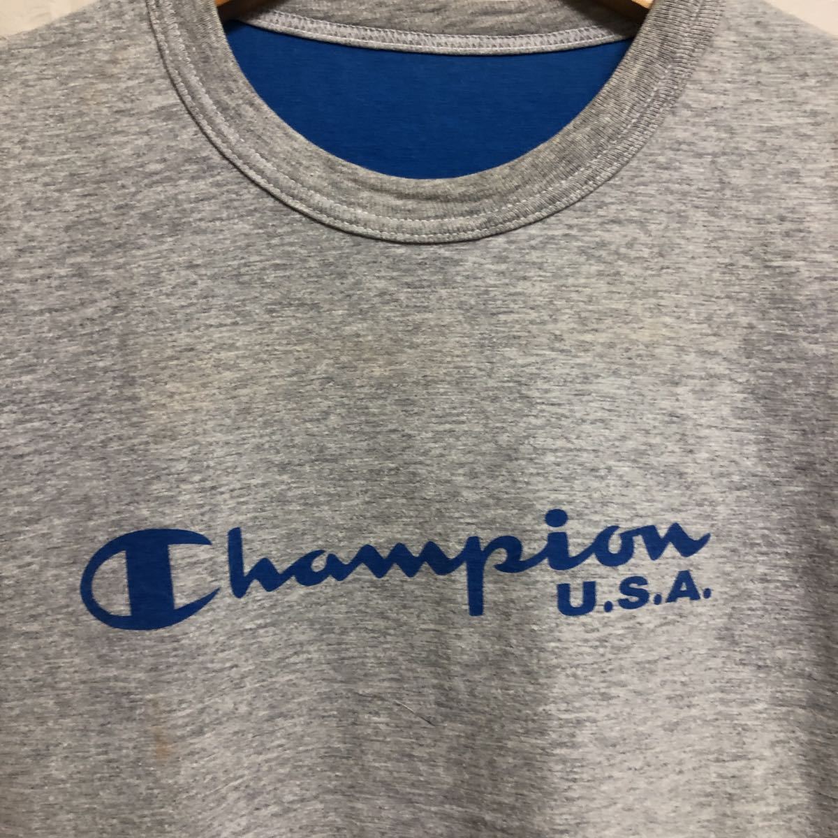 champion リバーシブル　Tシャツ ブルー　霜降りグレー　プリント　チャンピオン　ビンテージ　ロゴTシャツ_画像2