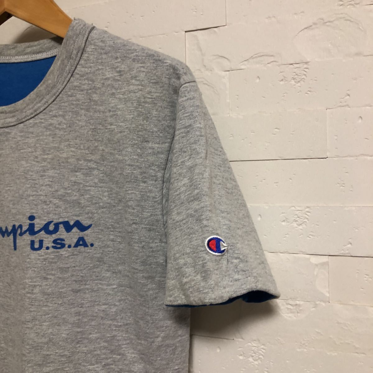 champion リバーシブル　Tシャツ ブルー　霜降りグレー　プリント　チャンピオン　ビンテージ　ロゴTシャツ_画像3