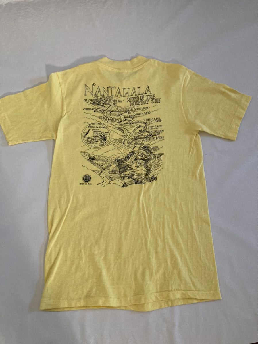 80s USA製 ヘインズ Tシャツ HANES BEEFY-T サイズS 34-36 イエロー アメリカ製 半袖Tシャツ アウトドア プリント バックプリント 80年代_画像1