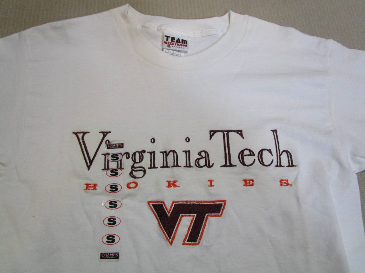 激レア!90s-00s!デッドストック!USA製!TEAM EDITION Virginia Tech メンズ 半袖 コットン Tシャツ ホワイト 刺繍ロゴ size S 大きめ_画像5