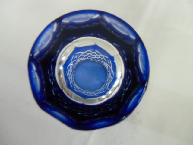 藍宝切子グラス　カットグラス　鮮やかブルー　木箱入5客　ガラスコップ　未使用品