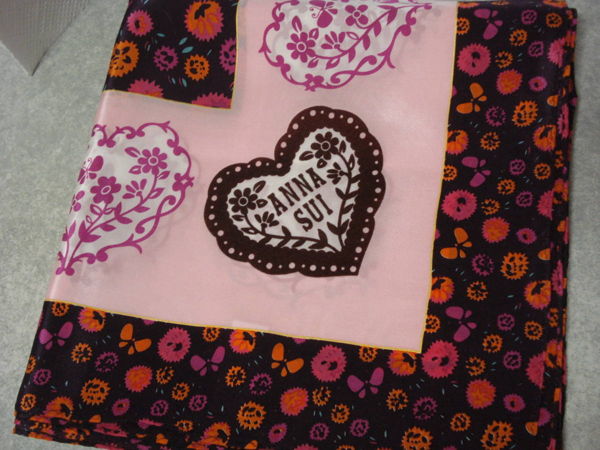 * Anna Sui large size silk scarf * 87×89 pink flower butterfly Heart pattern 