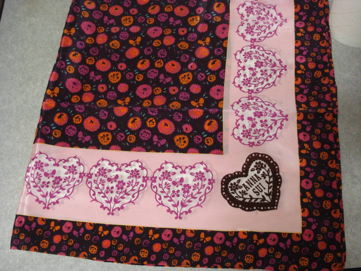 * Anna Sui large size silk scarf * 87×89 pink flower butterfly Heart pattern 