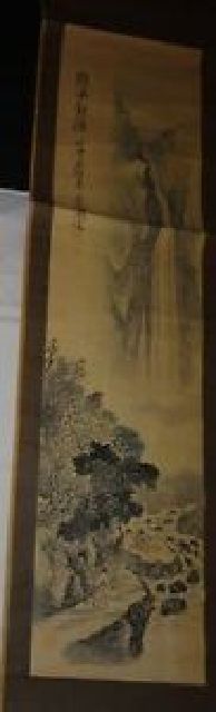 稀少 ヴィンテージ 夏山水図 彩色 落款 紙本 肉筆 掛軸 絵画 日本画 古美術