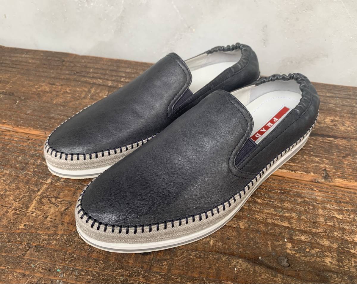PRADA SPORTS プラダ スポーツ スリッポン スニーカー シューズ くつ レザー グレー メンズ 紳士 サイズ 7ハーフ