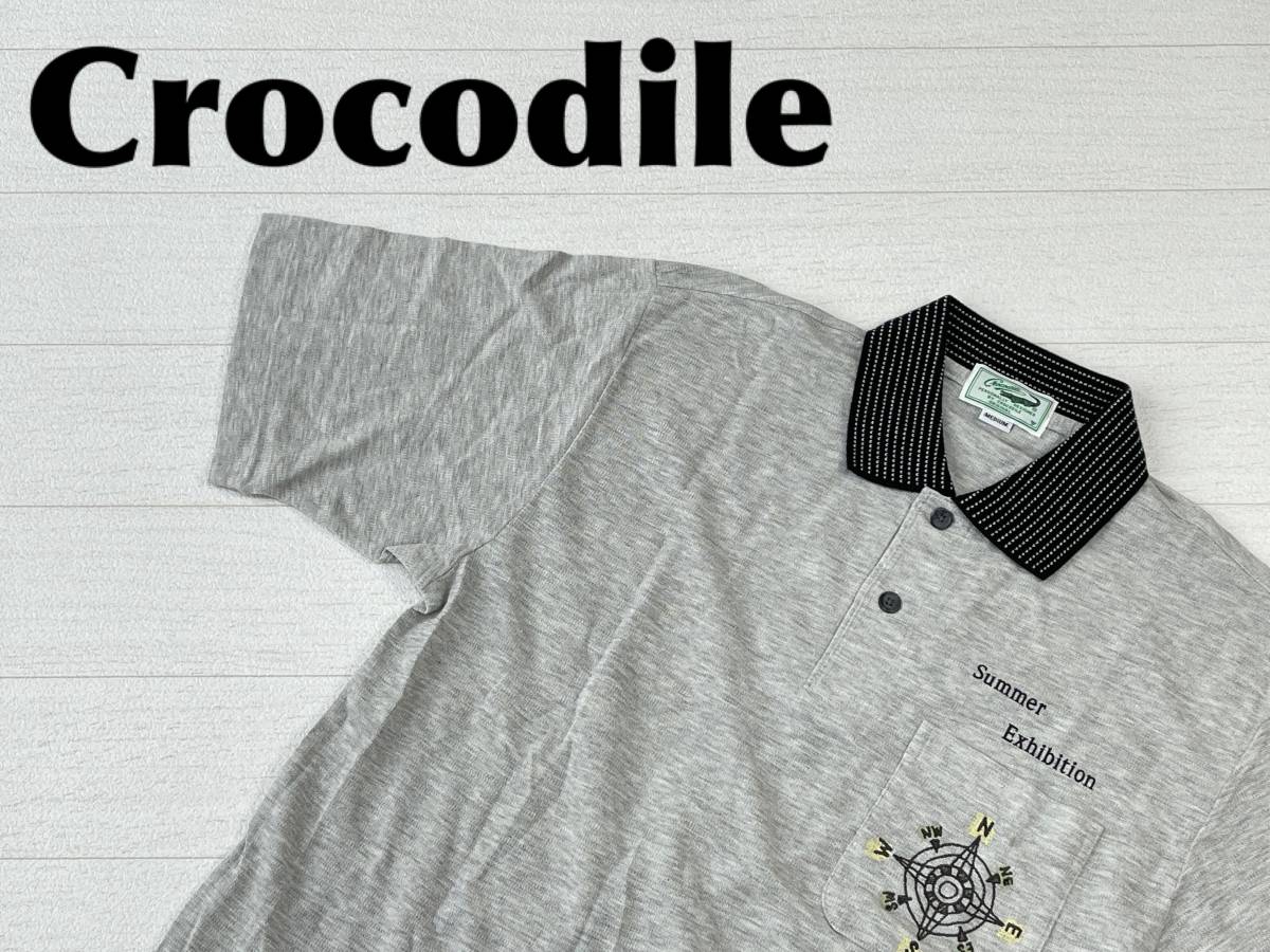 ☆送料無料☆ Crocodile クロコダイル 古着 半袖 ポロシャツ 日本製 メンズ M グレー トップス 中古 即決_画像1